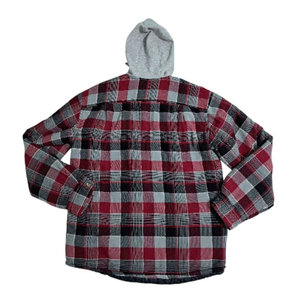 Wrangler Plaid Flannel Men's Medium Jacket Hooded Quilted Lining Shacket Red - Picture 6 of 9